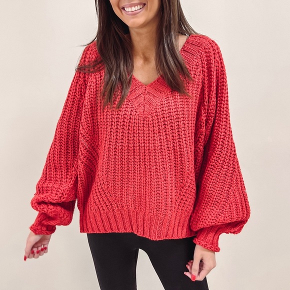 Oversized Red Thick Cozy V-Neck Sweater - Picture 2 of 10